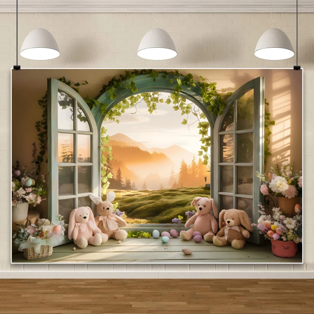 Fondo fotográfico de primavera con huevos de colores para estudio fotográfico, telón de fondo con ventana, pared de flores, arcos de jardín, pradera, vid