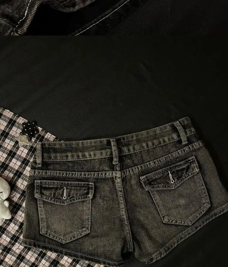 2026 Summer New Cute Hot Diamond Denim Low Waist Super Shorts Female Slim Black Gray Tight Y2k Shorts Hot Pants