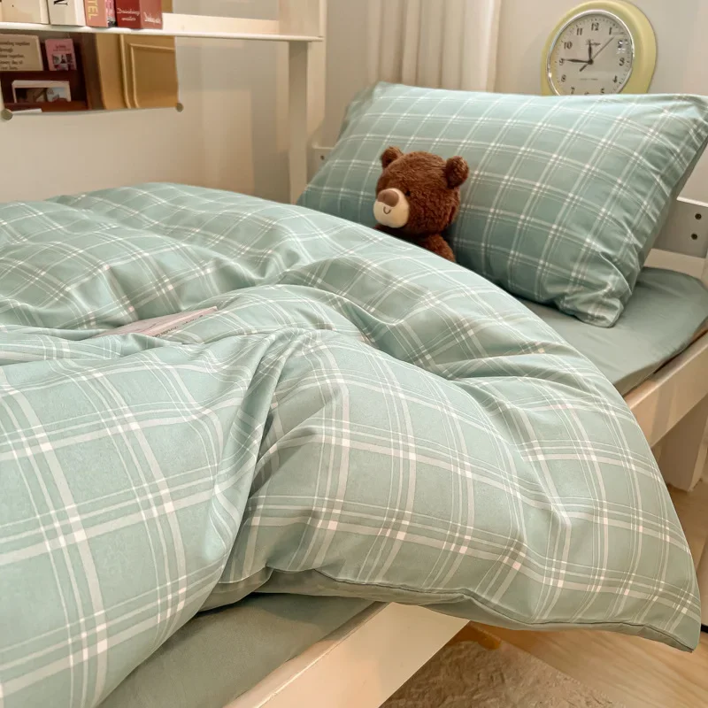skin-friendly washed cotton plaid pattern student bed three-piece bed sheet four-piece quilt cover dormitory