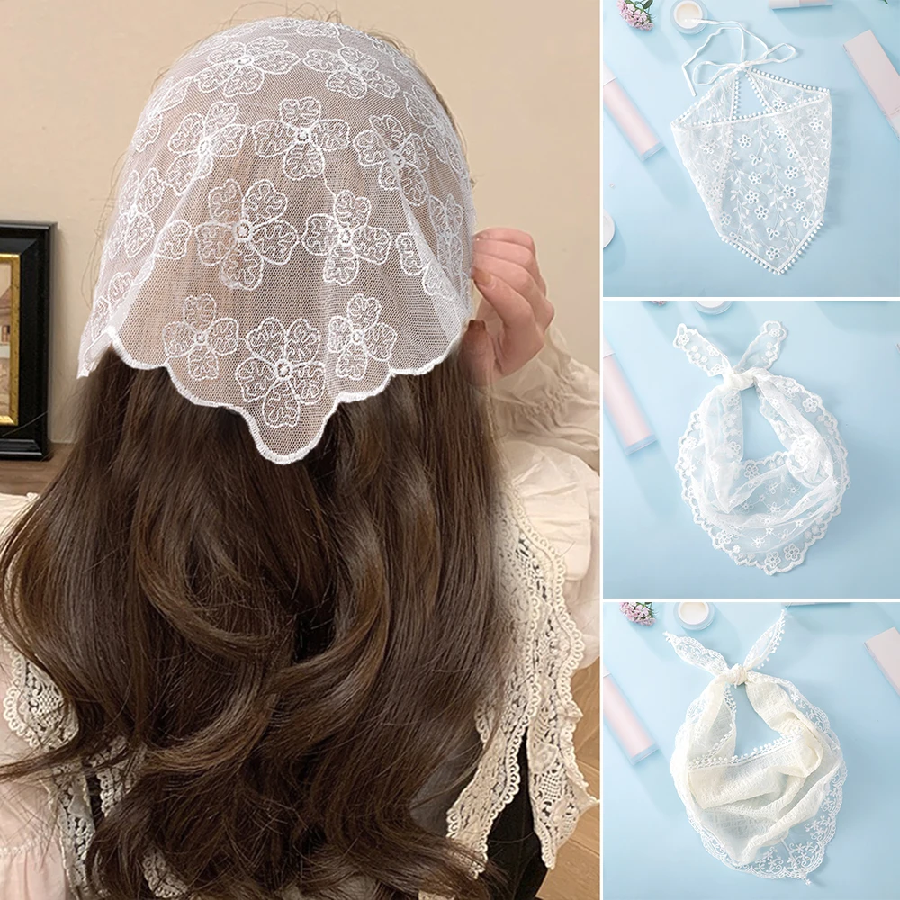 Haimeikang Flower Lace Triangle Scarf Hair Band White Fashion Bandana Turban Headband For Women Headwarp Hair Accessories