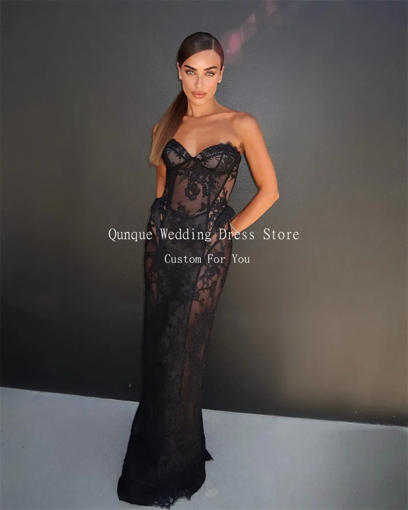 Qunque Black Prom Dress With Pocket Mermaid Evening Dress Customized Elegant Lace Girls Birthday Party Dresses Vestidos De Gala