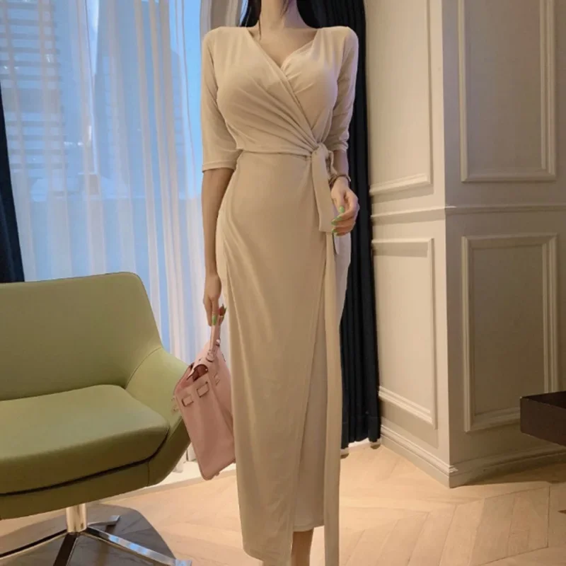 Korean Dongdaemun New Slimming Sexy Women's Fashion Trendy V-Neck Waist-Fitted Dress Slimmed You And Smoothed Your Silhouette