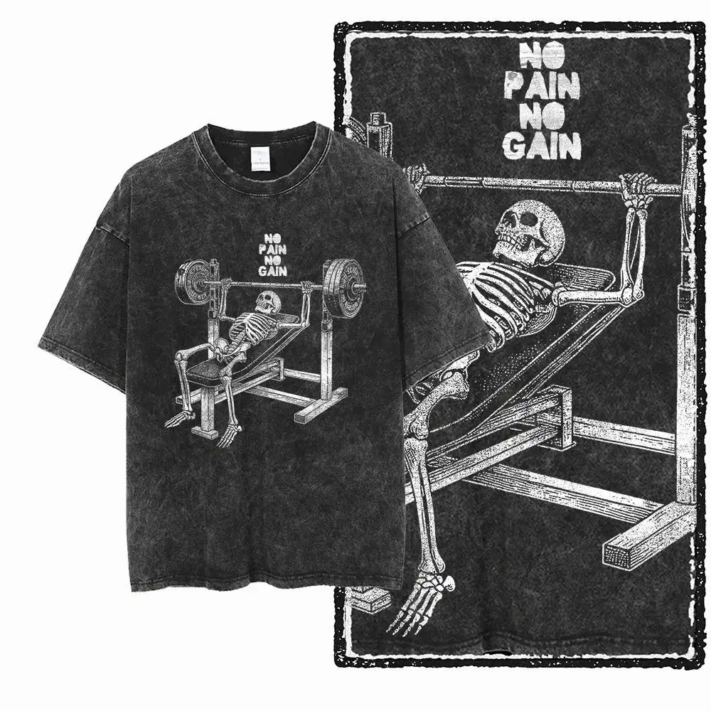 G70 Exclusive 100% Cotton Men's Streetwear Gym Skull Graphic T-shirt | Acid Washed Big Size Cool O-neck Men's Tee Tshirt