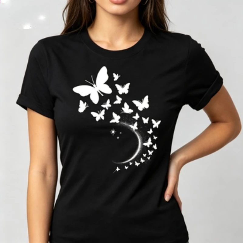 Butterfly Bird Women Cotton Round Neck T-Shirt Crescent Fly Trail Nature Graphic Casual Short Sleeve Tee Gift For Girlfriend Her