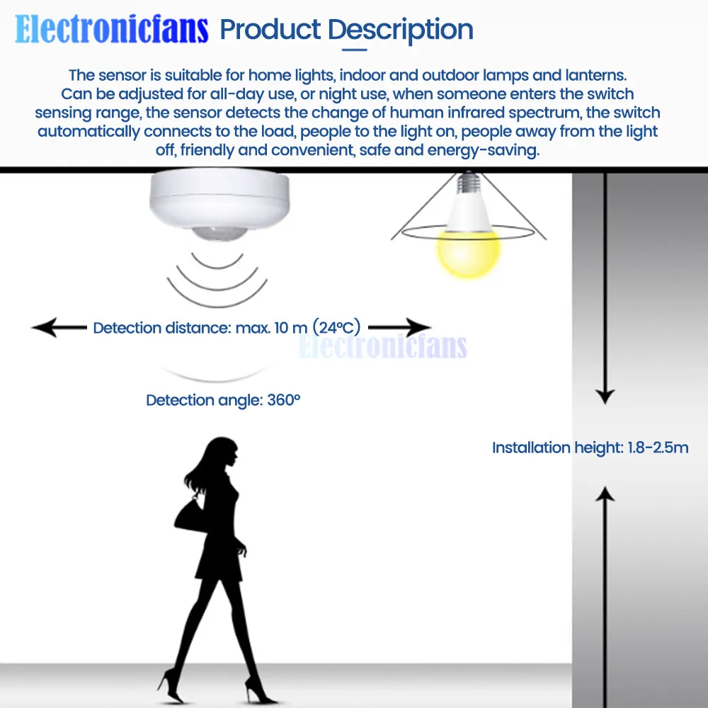 Interruptor de Sensor infrarrojo humano inteligente AC85-265V, detección de ángulo de cono de 360 grados, Sensor de movimiento PIR, Interruptor de