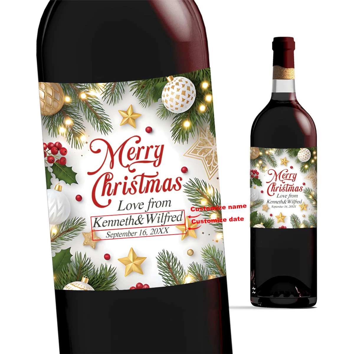 10 Stück Weihnachts-Weinflaschenetiketten mit individuellem Text, personalisierter Name und Datum, Geschenkverpackungsaufkleber, Versammlungen, Party-Dekoration, Ornament