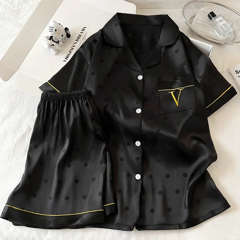 

Новый стиль, жаккардовая ночная рубашка в горошек из ледяного шелка с буквой V, женская летняя ночная рубашка с короткими рукавами, высококачественный комплект домашней одежды, настоящая фотография