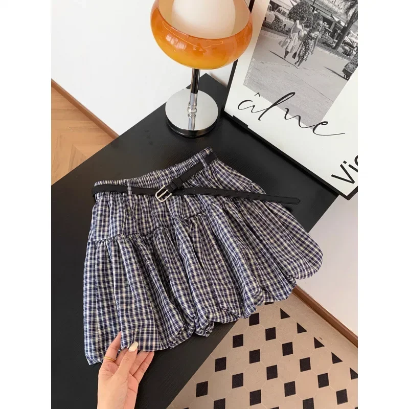 Demi-jupe à imprimé Floral rétro avec ceinture, nouveau Style d'été pour femmes, jupe courte bouffante à carreaux Anti-lumière en Fiber de Polyester