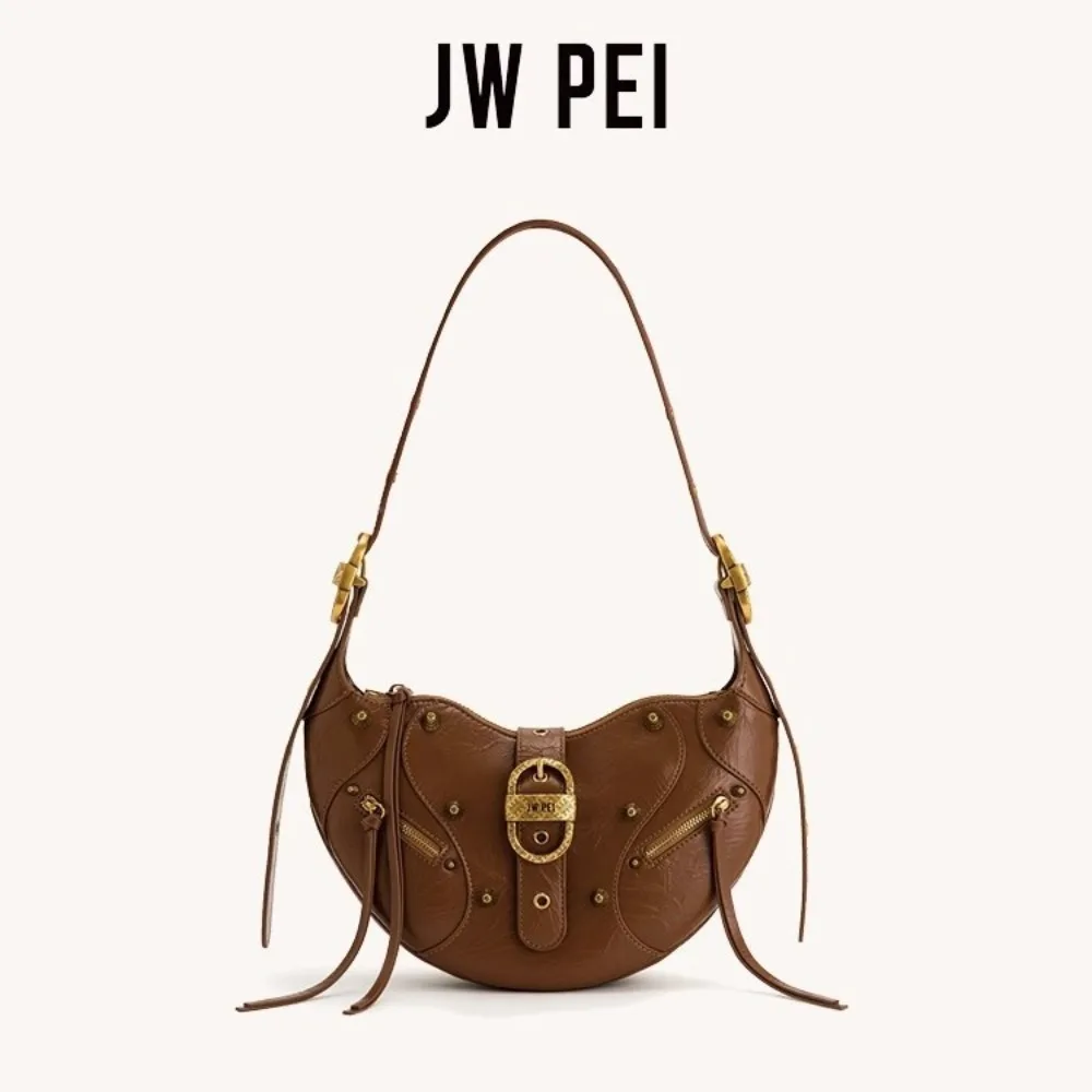 JW PEI الكرواسون الشمع الجلود TESSA سعة كبيرة دراجة نارية الكتف حقيبة كروسبودي حقيبة تحت الإبط الراقية