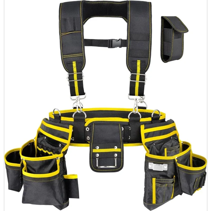 

6-Piece Tool Belt with Suspenders,Magnetic Phone Holder and Hand Drill Tool Pouch Tool Rig for Framers Electrician 1680D Pol