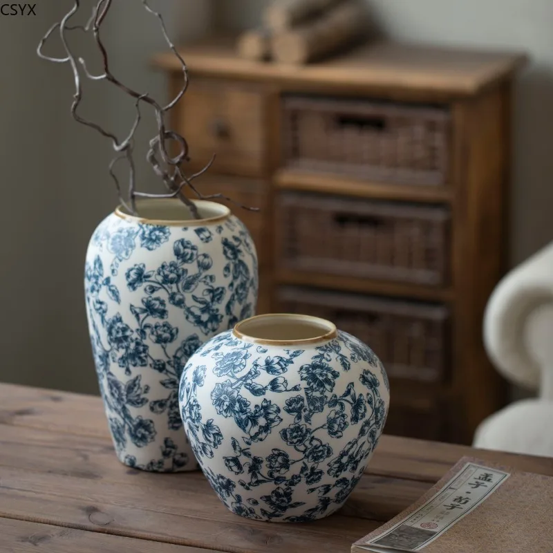 Jingdezhen Chinese Retro Ceramic Vase Pottery Pot Living Room Countertop Decoration Ornament  Decoration Mariage  Blumen Vase