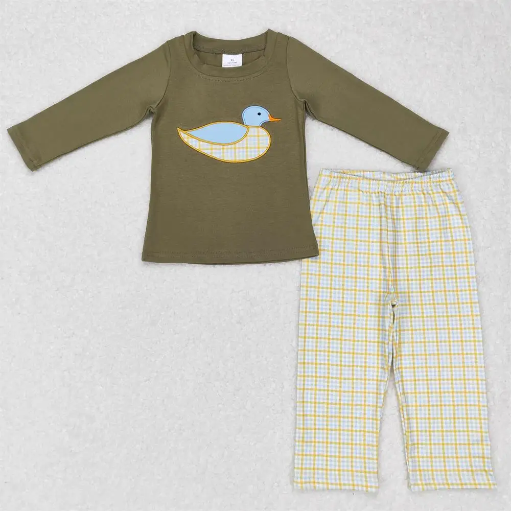 

Wholesale Baby Boy Long Sleeves Embroidery Ducks Pullover Shirt Children Pants Plaid Trousers Set Clothing Toddler Kids Outfit