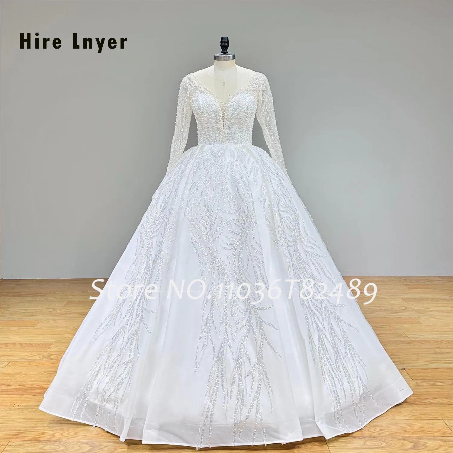 Hire Lnyer Long Sleeve Lace Up Back All Over Beading Pearls Sequins Shiny Ball Gown Wedding Dresses Real Office Photos Video