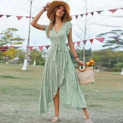 New Style Elegant Long Dress Women's Short-sleeved V-neck Bohemian Strappy Holiday Dress