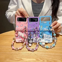 Cartoon Cute Hello Kitty Cinnamoroll Kuromi with Lanyard Phone Case for Samsung Galaxy Z Flip 3 4 5 5G Hard Anti-fall Back Cover