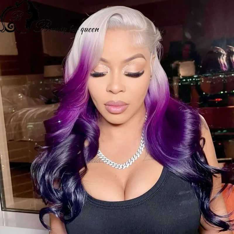 

Парик из натуральных бразильских волос Ombre 60 Purple Body Wave, плотность 200%, прозрачный фронтальный парик 13x4 с кружевной основой, предварительно прорезанный, готов к носке
