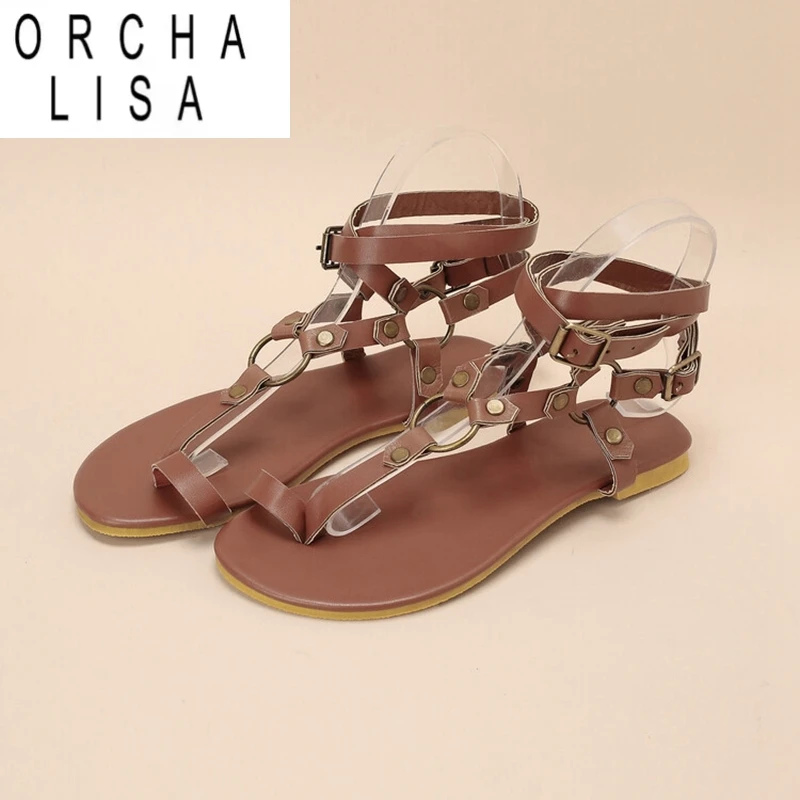 

ORCHA LISA женские сандалии с открытым носком на плоской подошве, пряжка, украшения, ремешки на щиколотке, Рим, большой размер 36–43, черные летние S3369