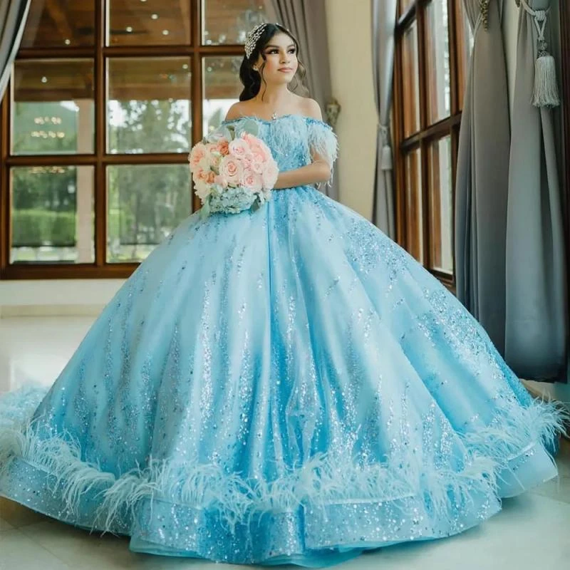 

Sparkling Sky Blue Ball Gown Quinceanera Dress 2024 Vestido De 15 Anos Beaded Sequin Crystals Princess Sweet 16 Birthday Party