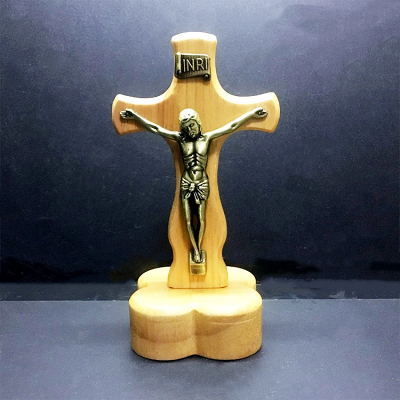 Christian decor Catholic Jesus Cross grass wood two-sided standing household ornaments jesus christ holy family statue