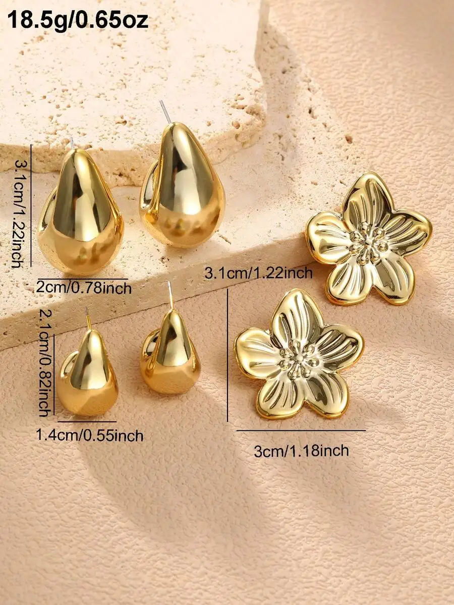 3/9 Paar Set Anmutige C-förmige Ohrringe aus Metall mit Blumenmuster – Schickes Accessoire für den Alltag, Verabredungen und Partys. – Detail 7