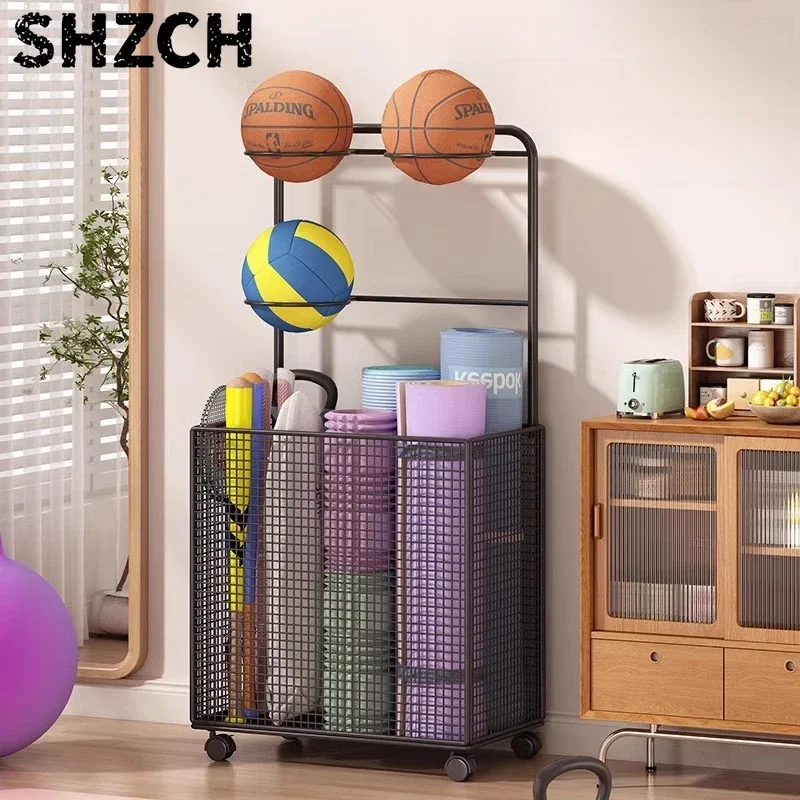 Multifunctional Basketball Storage Rack Fitness Equipment Organizer Movable Yoga Mat Storage Bin Badminton Racket Dumbbell Rack