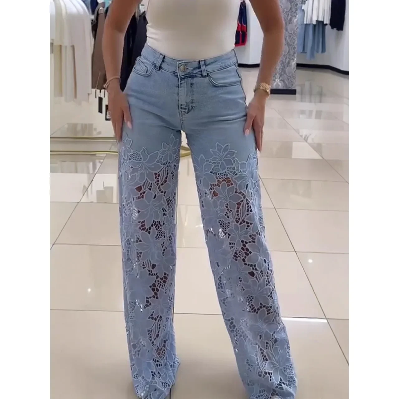 Pantalones largos de pierna ancha, pantalones vaqueros con empalme hueco de encaje de cintura media alta, efecto adelgazante, pantalones de moda para mujer de China continental