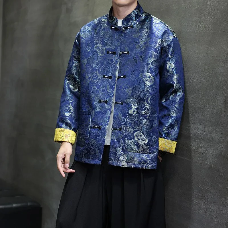 

2026 high end elegant tang suit top fashionable jacquard men's coat retro stand collar disc buckle long sleeved chinese shirt