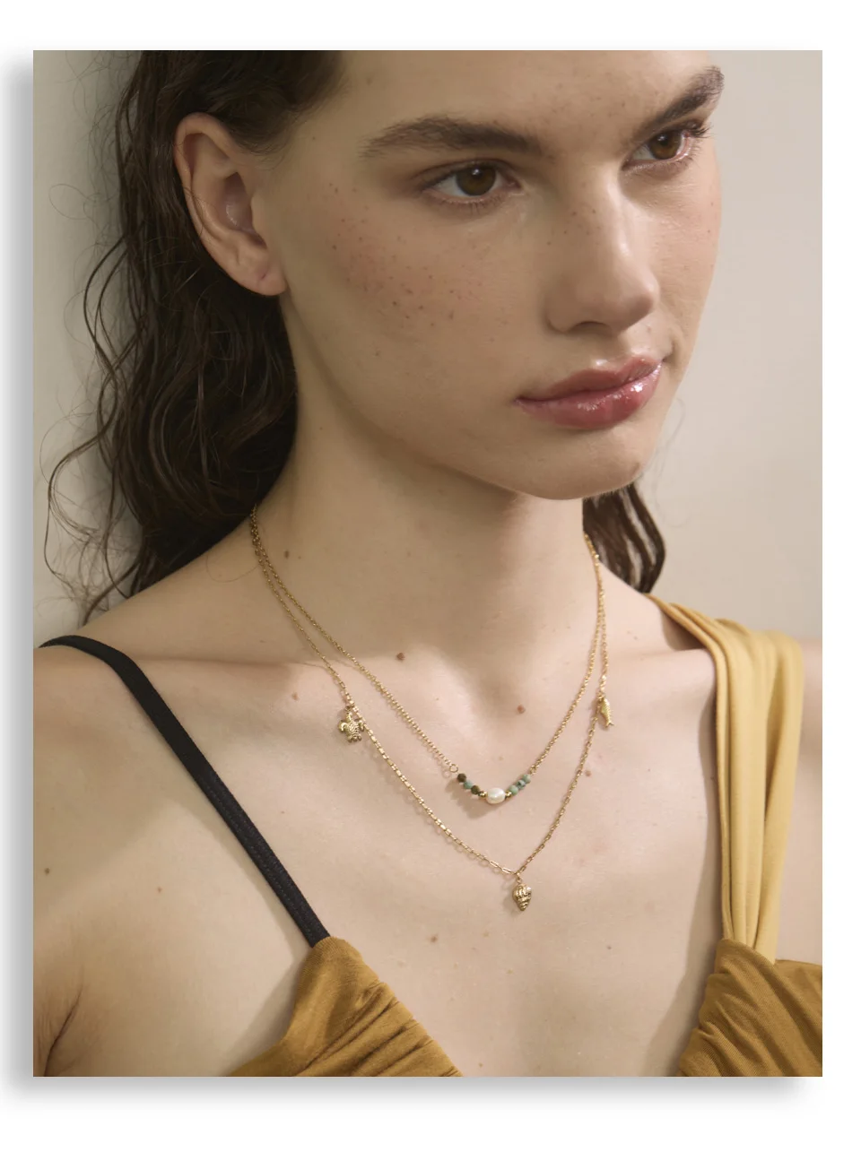 Yhpup الصيف نمط طبقة مزدوجة سلسلة محارة السلاحف الأسماك قطرة قلادة 316L الفولاذ المقاوم للصدأ الحجر الطبيعي اللؤلؤ سلسلة مجوهرات