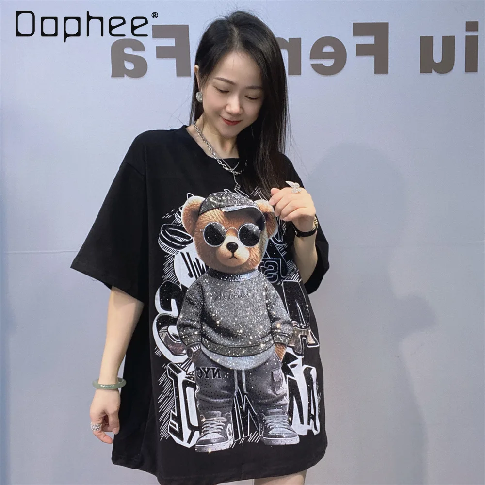 

Autumn Winter Thickened Brushed Half Sleeve Cartoon T-Shirt European Style Rhinestone Loose Short Sleeve Cotton T-Shirt