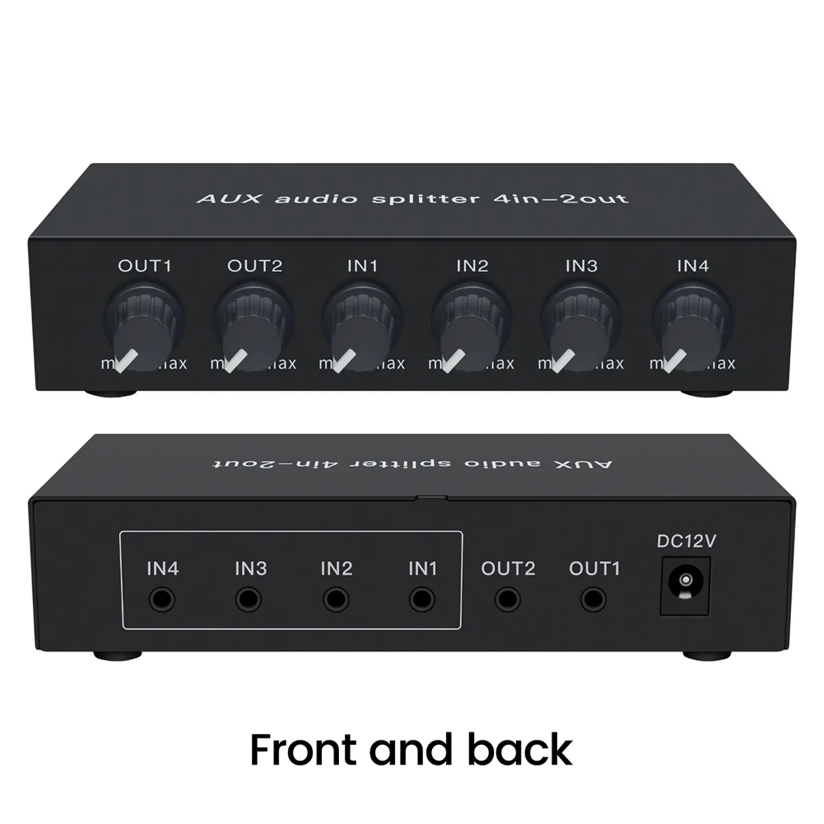 AT59 4 in 2 Out 3.5mm AUX Audio Switch Mixer Splitter Stereo High Fidelity with Op Amp Volume Adjustment,No Switching EU PLUG