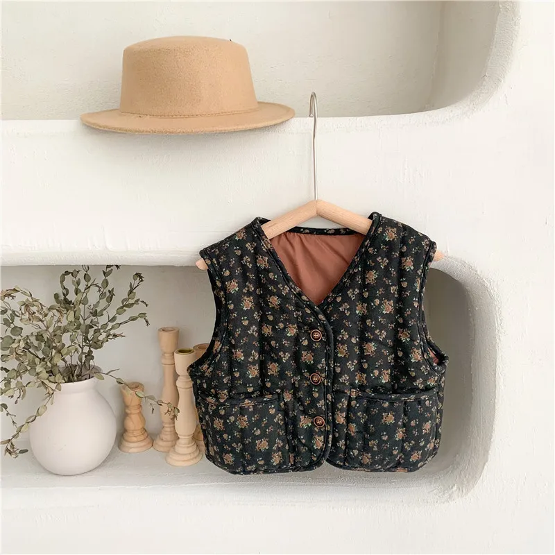 Girls\' Floral Vest Autumn and Winter Fashion Children\'s Quilted Vest All-match Girl Baby Flower Retro Vest Warm Cotton Vest