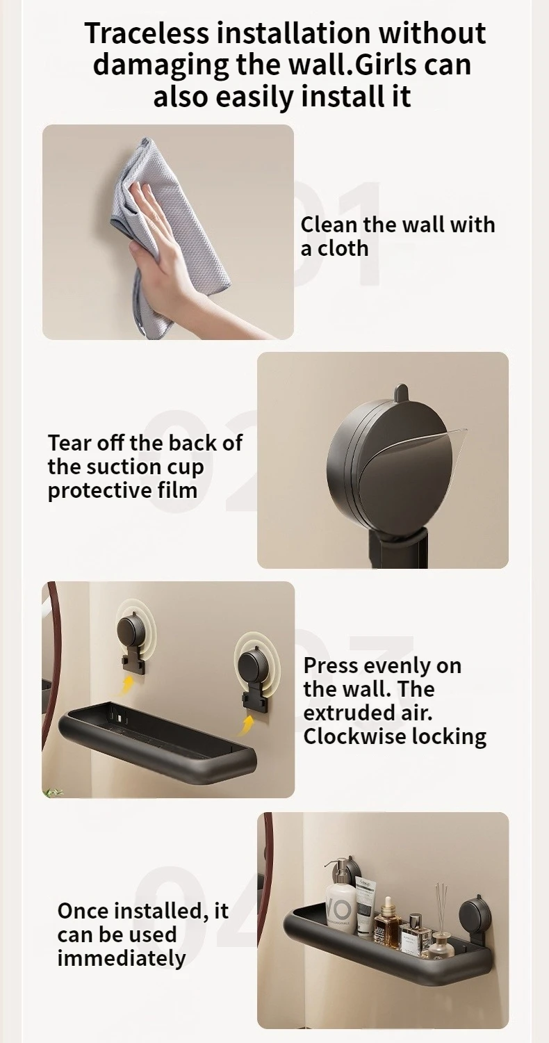 Suction Cup Bathroom Towel Rack Space Aluminum Wall-Mounted Minimalist Multi-Functional Storage Shelf No Drilling Required