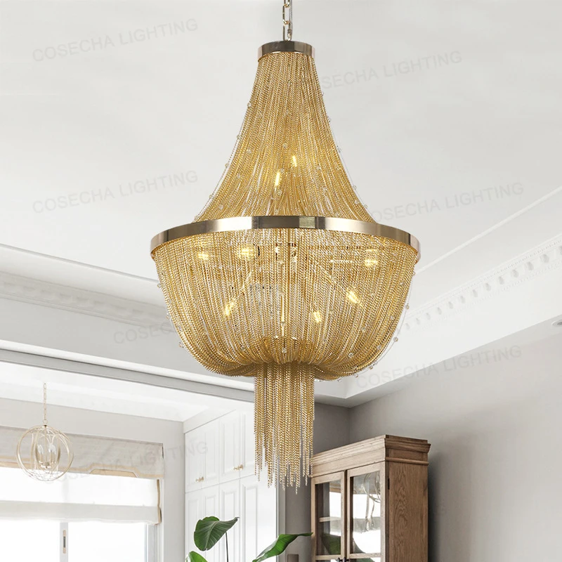 

Loft Ceiling Chandelier Gold Lighting For Living Room Silver Aluminum Chain Tassel Chandelier For Foyers Master Bedroom Lighting