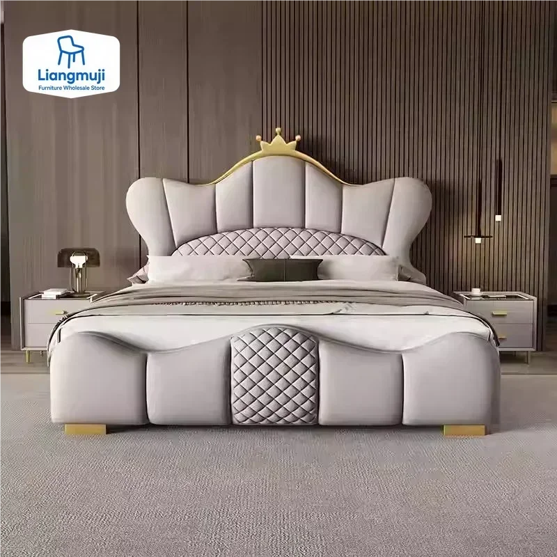 

Nordic Luxury Double Bed Modern Wood High End Headboard Frame Double Bed Wedding Confortable Leather Cama De Casal Furnitures