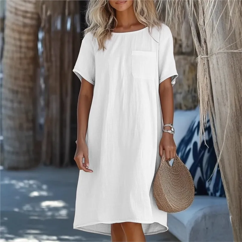 

Simple Style White Midi Dresses Women Summer Casual Loose Short Sleeve O-neck A-line Linen Dress Home Comfort Clothing Vestidos