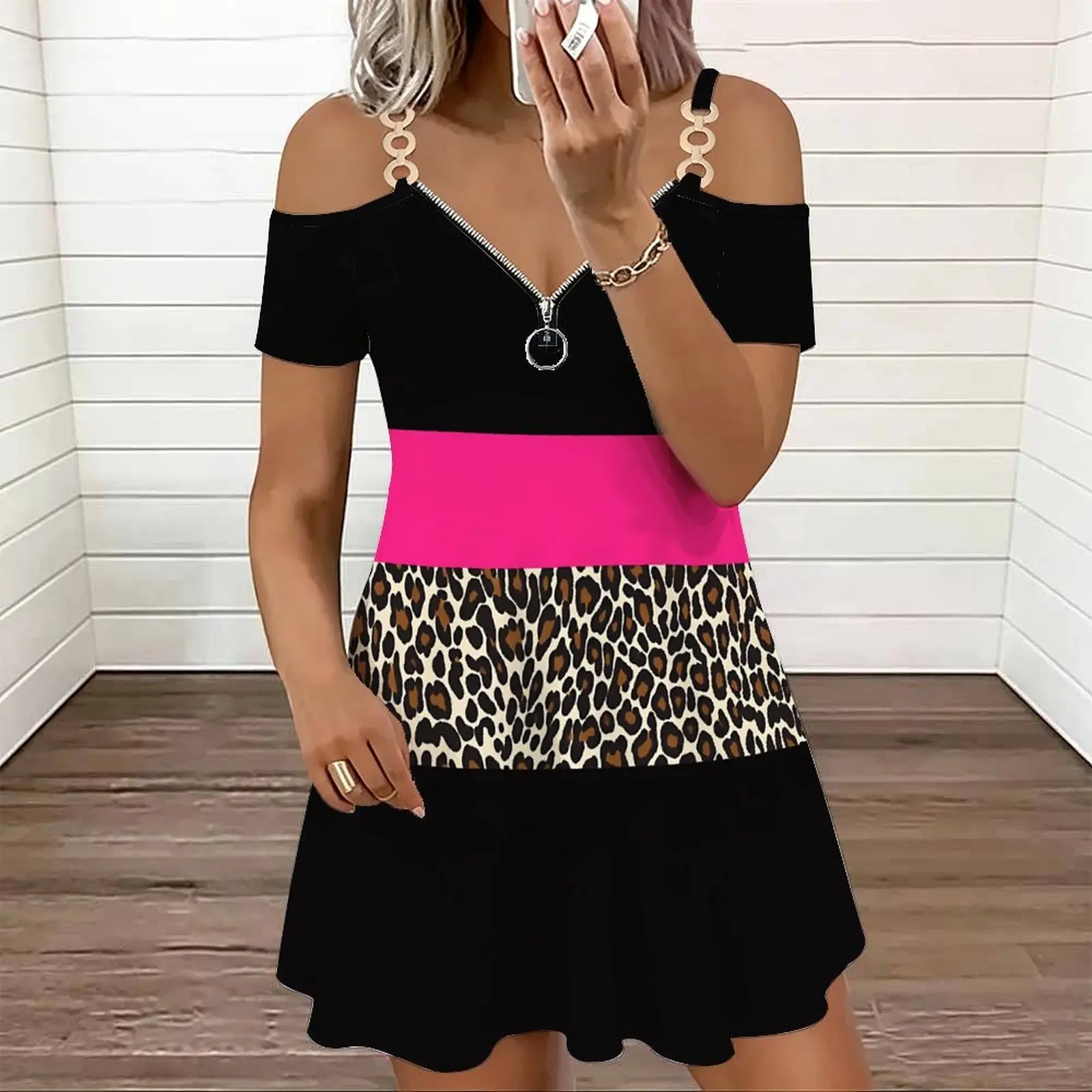 Retro Fashion Cold‑shoulder Double Strap V‑neck Zipper Ladies Mini Skirt Spring Summer Casual Dress Beach Vacation Party Dress