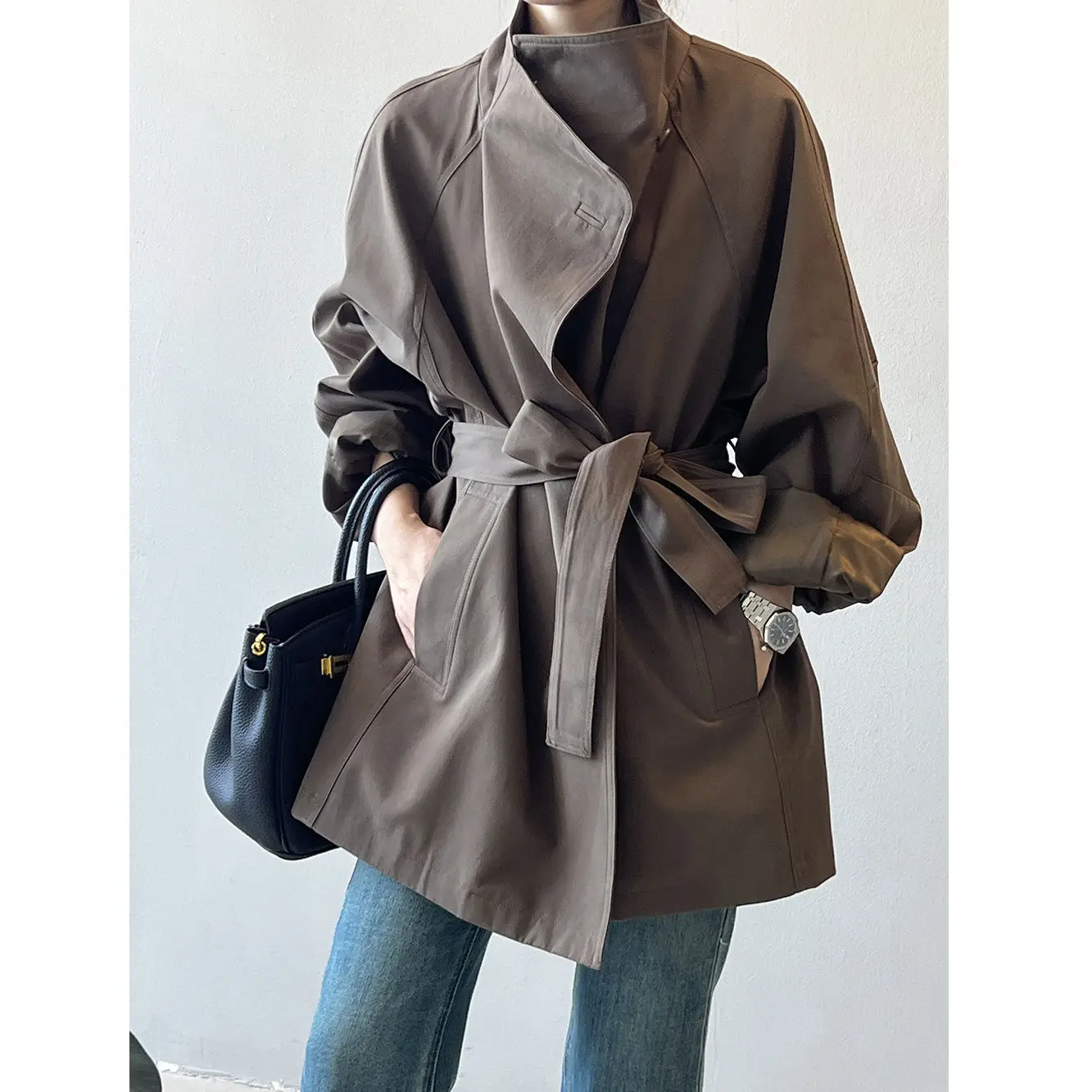 

Women's Lace-up Cropped Trench Coat Chic Collar Long Sleeves Lapel Wide Shoulder Windbreaker Jacket Fall Commuting Daily Jackets