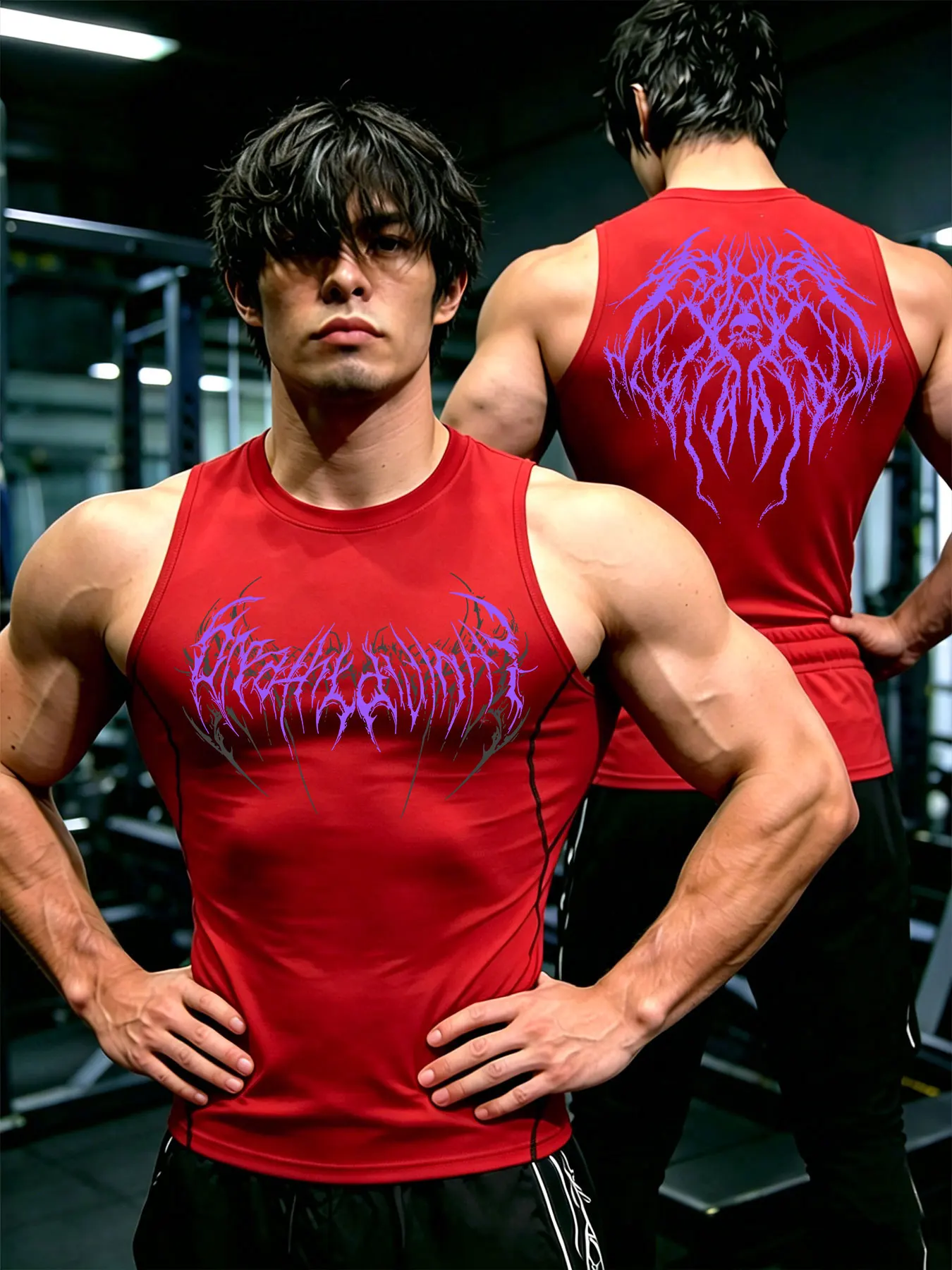 Herren Y2K Dark Gothic Art Print Kompressions-Tanktop, schnelltrocknend, ärmellos, Weste, Fitness, Bodybuilding, Workout, Muskel-Sportoberteil – Detail 3