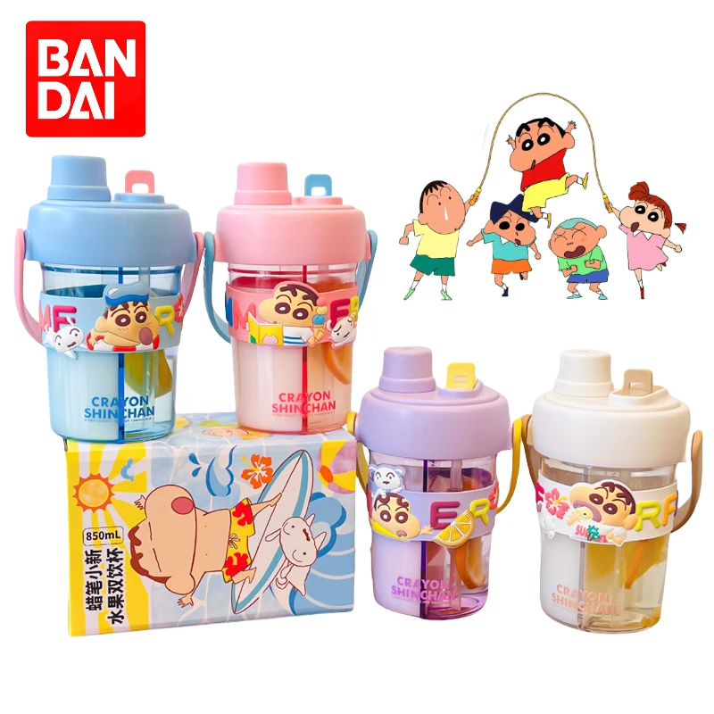 Bandai Crayon Shin-chan Children's Creative Twin Drinking Mug 850ml Cartoon Large Capacity Straw Water Cup Back To School Season