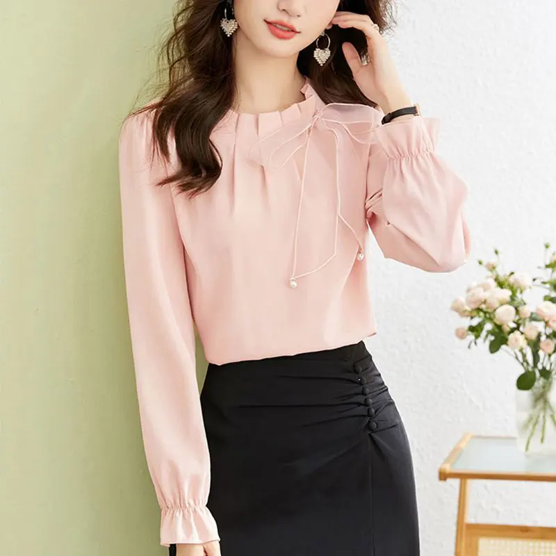 Women\'s Spring Fashion Simplicity Solid Color O-neck Long Sleeve Chiffon Shirts Women Clothes Casual All-match Temperament Tops