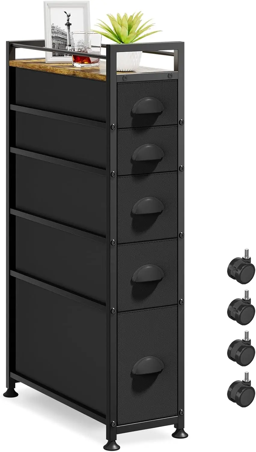 

5-Drawer Slim Storage Cabinet for Small Spaces, Mobile on Wheels with Fabric Drawers, Black