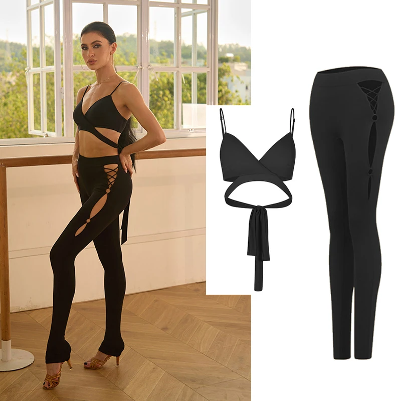 

ZYM Latin Dance Wear Women Black Short Tops Hollow Out Leggings Pants Adult Chacha Rumba Dance Training Practice Clothes NV27167
