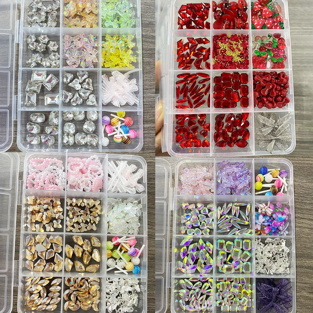 12 rasters 3D gemengde AB Aurora diamant acryl nagelbedels met organza strik lolly nail art steentjes DIY manicure benodigdheden