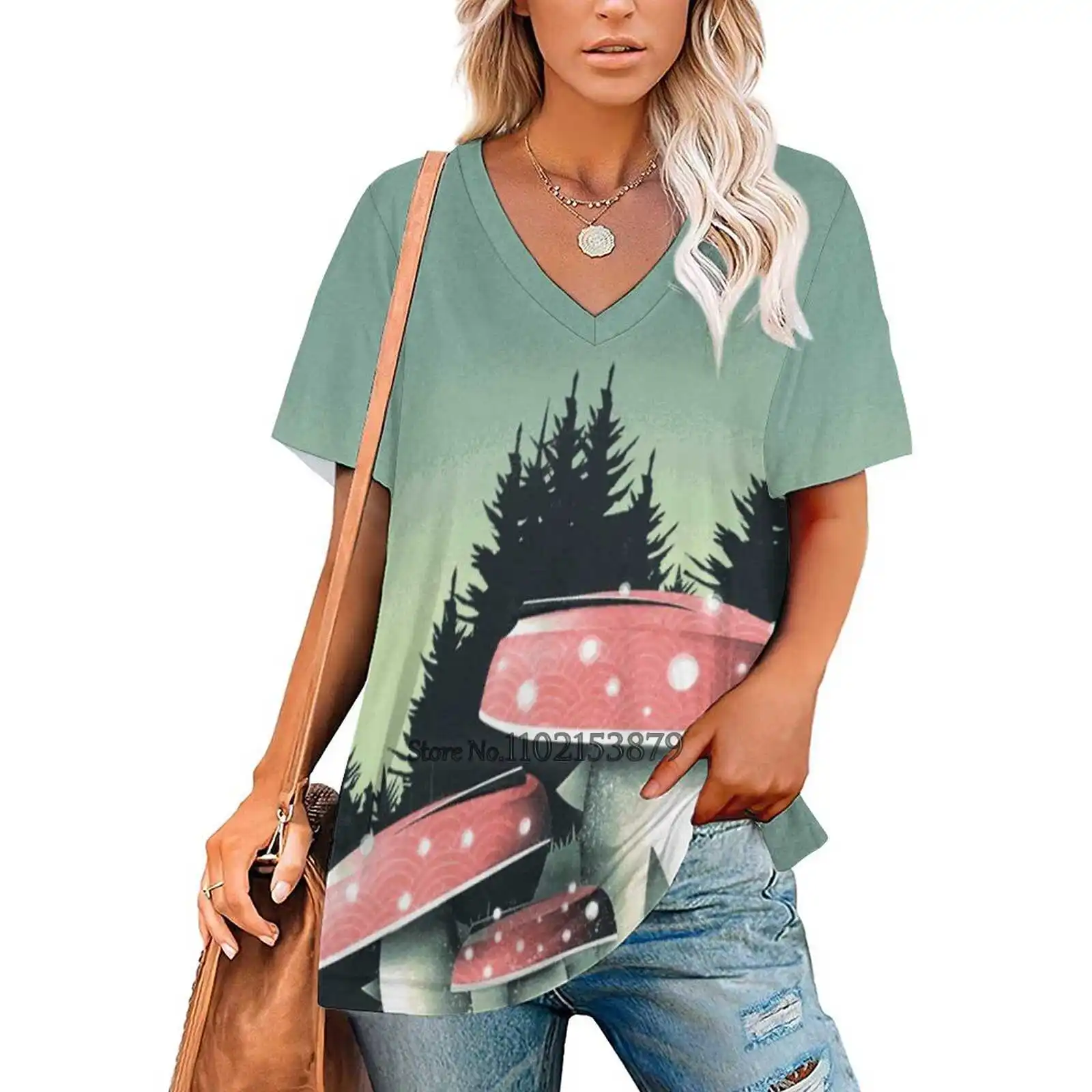 Fishing For Mushrooms Woman Tshirts Printed Tops Zipper V-Neck Top Fashion Graphic T Shirt Boat Vector Fish Fishing Rod Forest