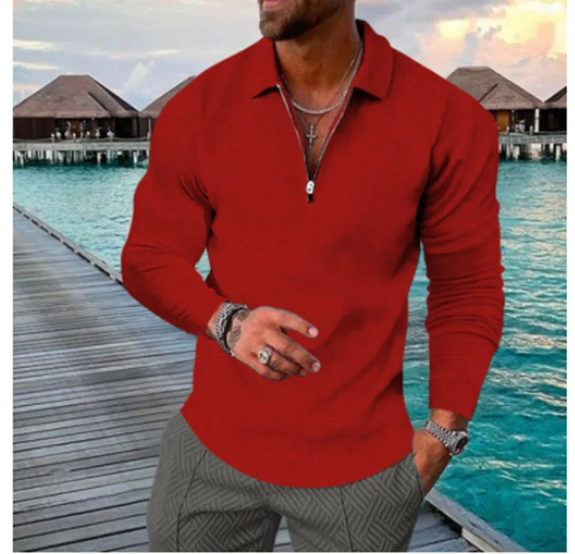 Men\'s new spring and autumn large size long sleeve lapel zipper high-grade casual shirt POLO shirt