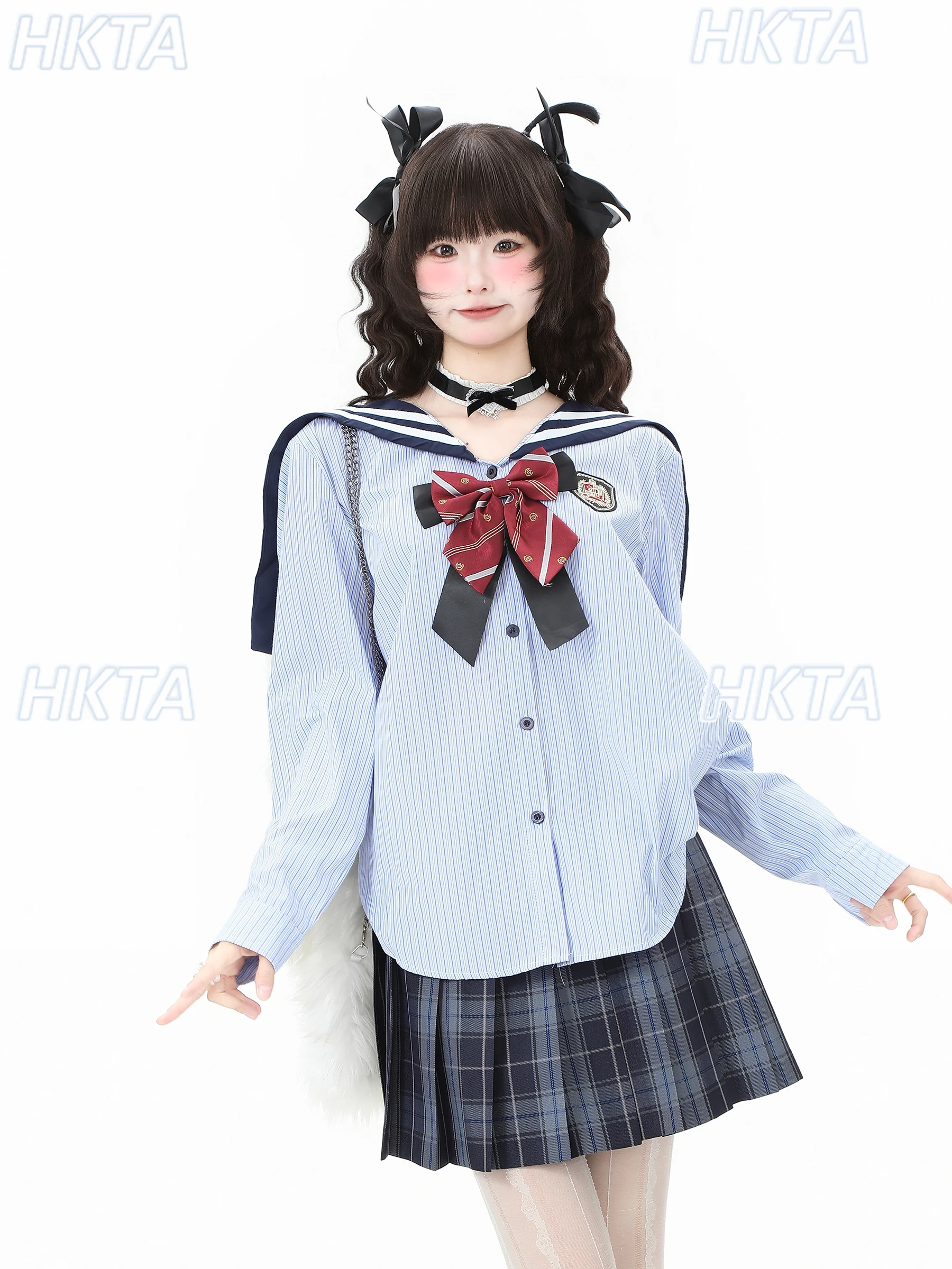 

Sweet and Cool Commuter Navy Collar Bow Striped Long Sleeve Top Autumn Shirt Blouse Women Pleated Blue Plaid Mini Skirts Sets