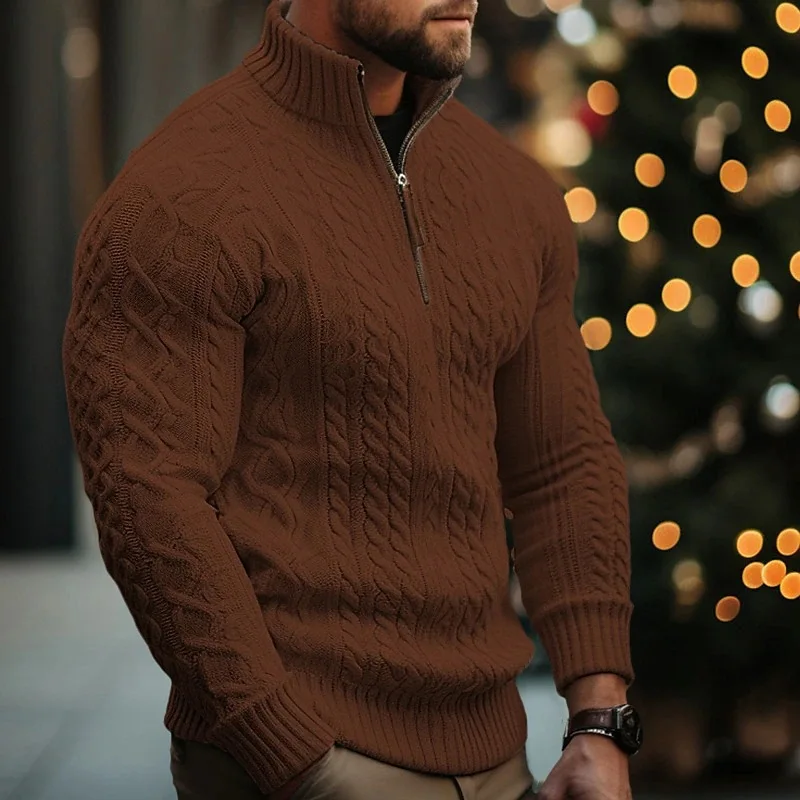 Mens Winter Knitted Sweater Half Zipper Coat Solid Color Twisted Flower Thickened Hooded Streetwear