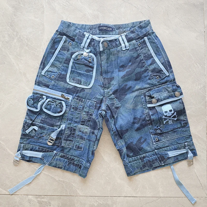 Men's Camouflage Cargo Short Pants With Multi Pockets Skull Embroidery Summer Workwear Short Trousers Shorts High Quality