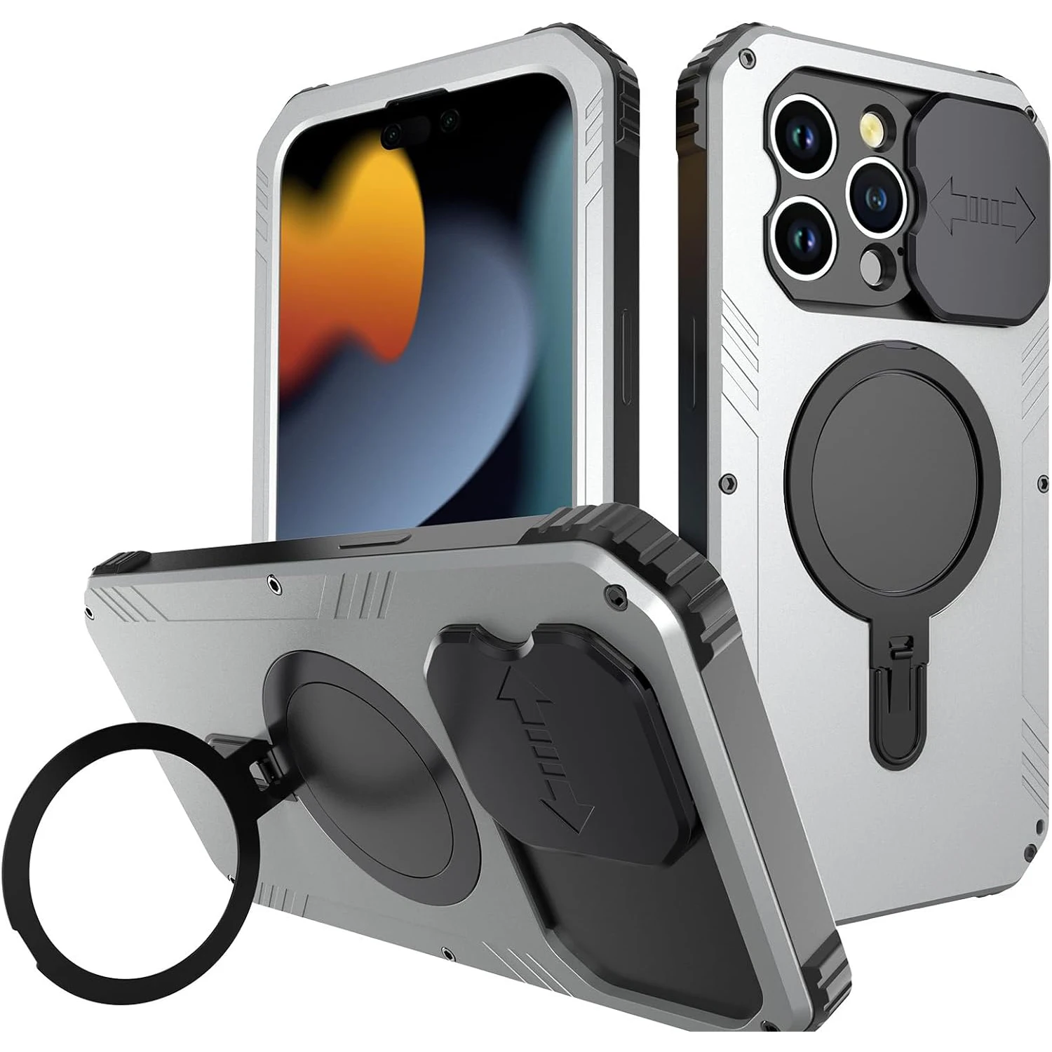 

Case for iPhone 15 Slide Camera Cover Compatible with MagSafe Magnetic Invisible Ring Holder Kickstand Military Grade Aluminum