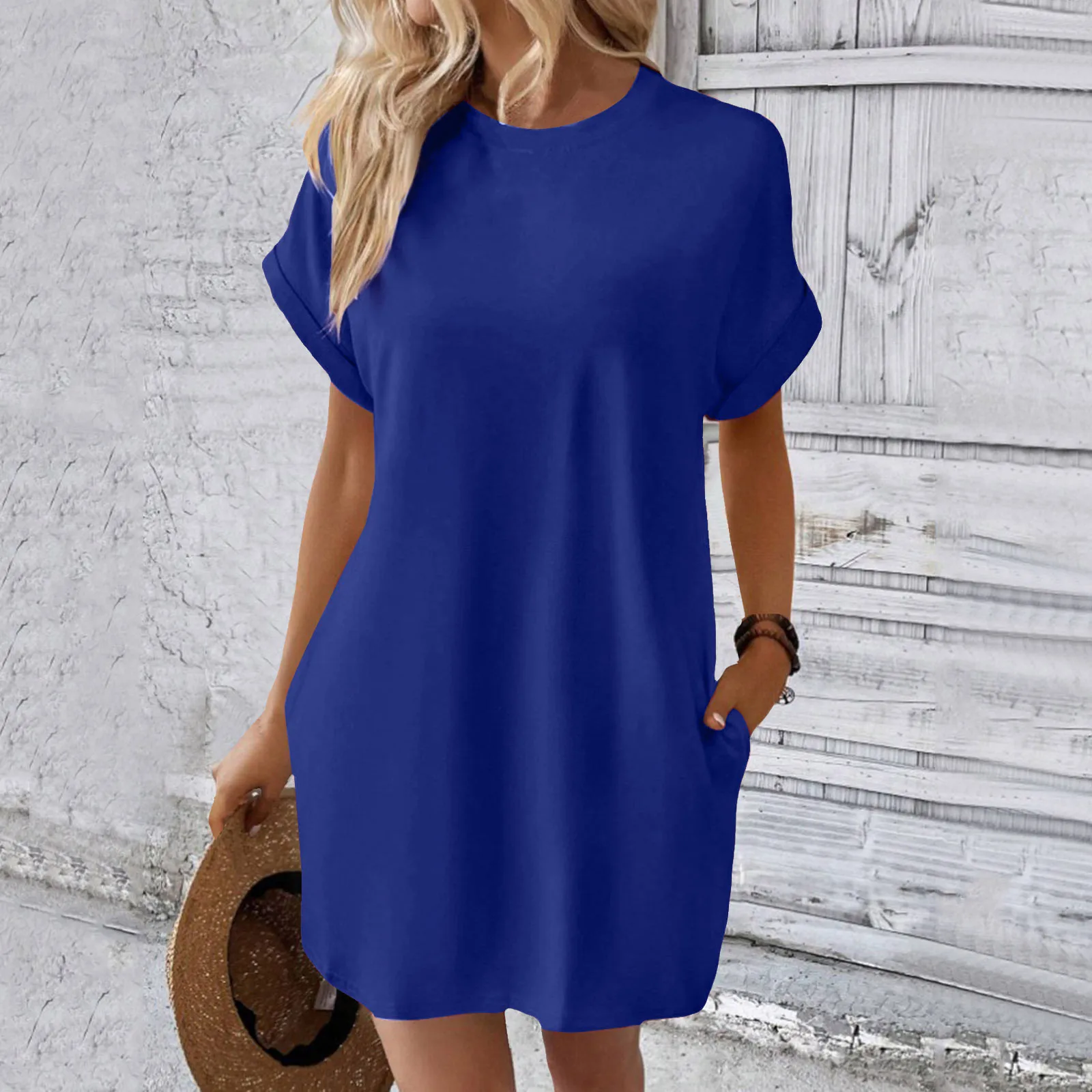 Soft Short Sleeve Casual T Shirt Dress Summer Loose Fit Solid Color Dress with Pockets Casual Round Neck Plain Dress Women